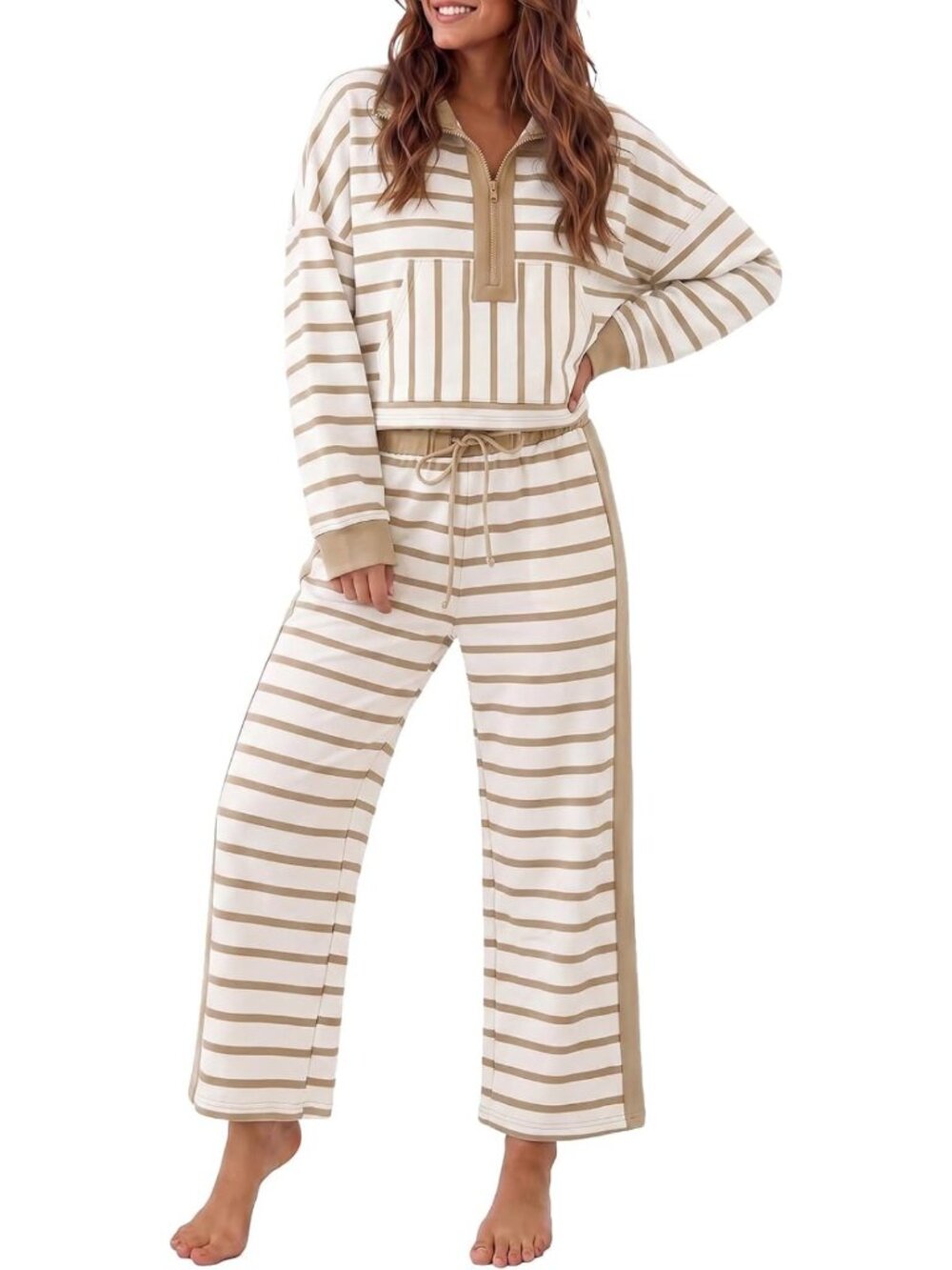 Chic Women's 2-Piece Striped Lounge Set | Half Zip Sweatshirt & Comfy Pants